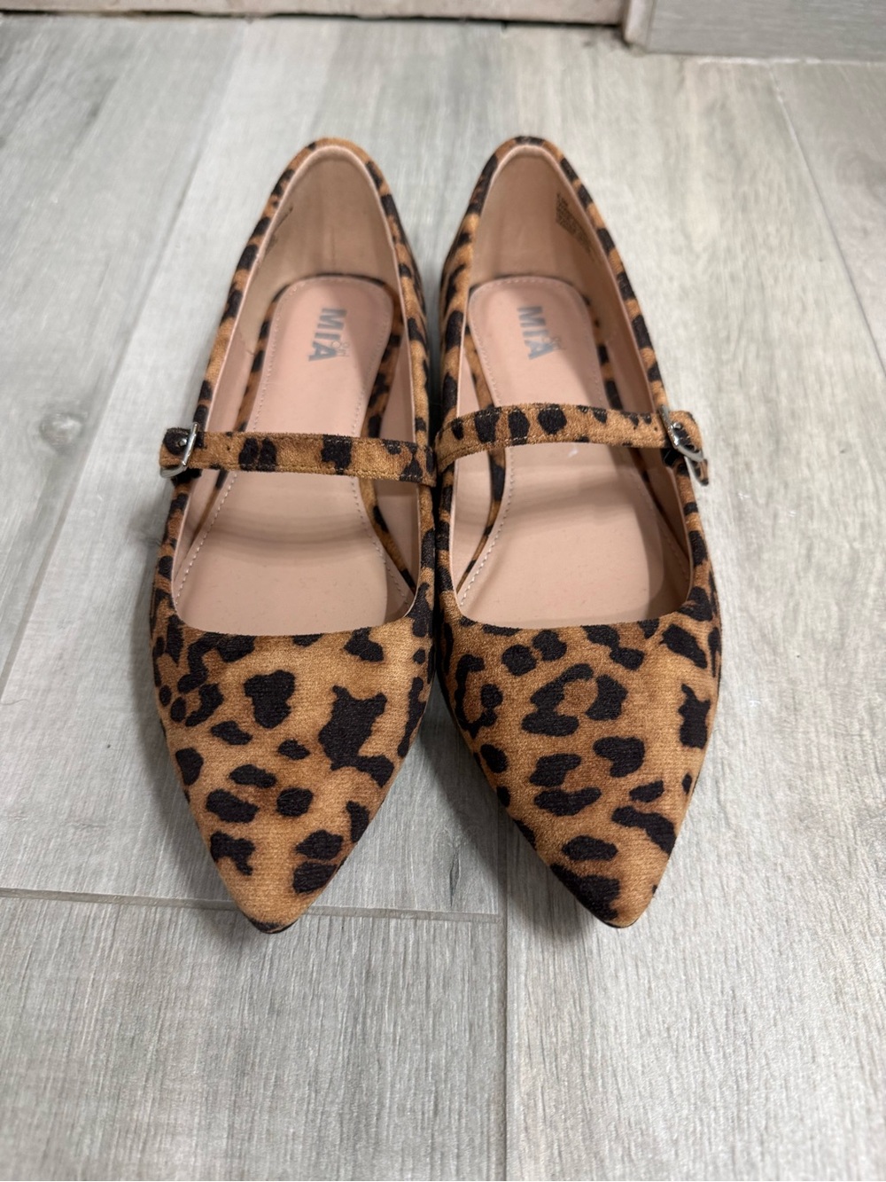 MIA Leopard-Print Pointed Mary Jane Flats - Tan/Black